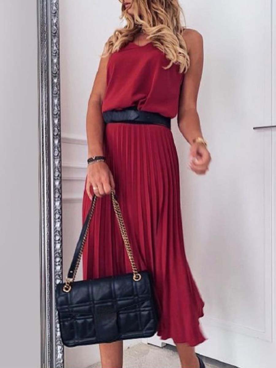 Amsoin Sexy V-Neck Pleated Dress