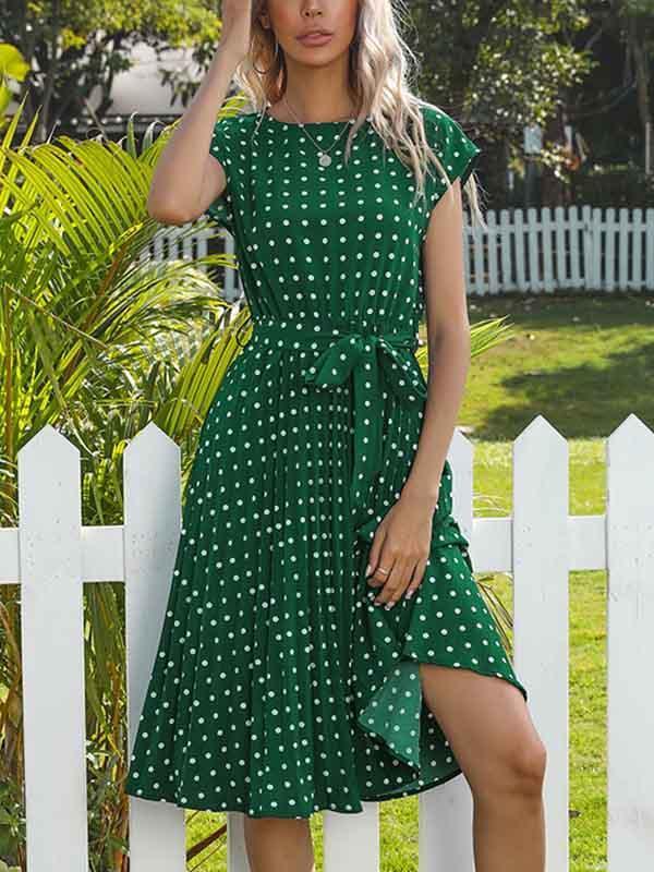 Amsoin Polka Dot Pleated Belt Dress