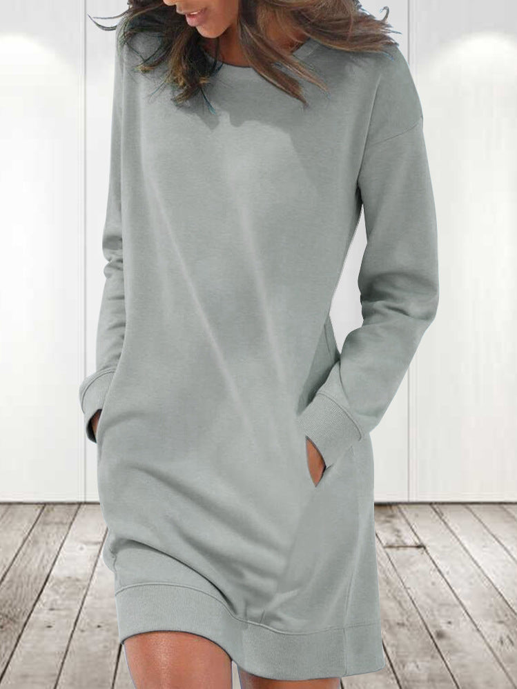 Amsoin Solid Crew Neck Long Sleeve Pocket Dress