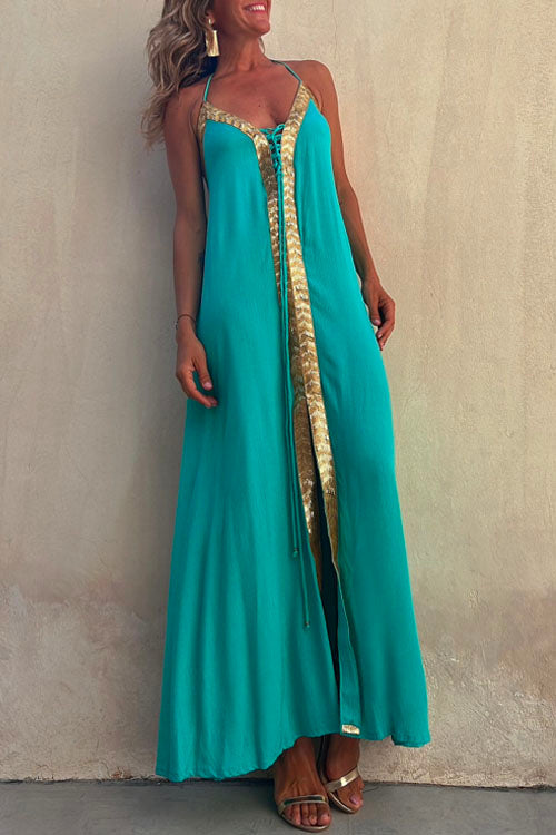 Amsoin V Neck Backless Sequin Detailed Cami Maxi Dress