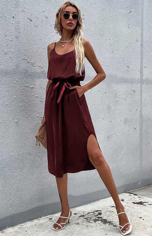 Amsoin Solid Color Hip Slit Dress