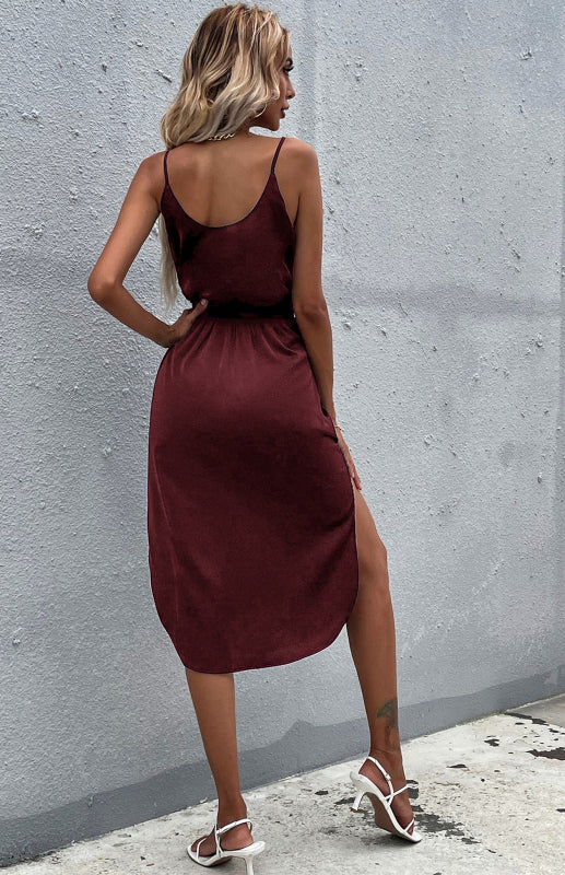 Amsoin Solid Color Hip Slit Dress