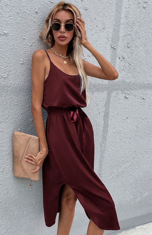 Amsoin Solid Color Hip Slit Dress