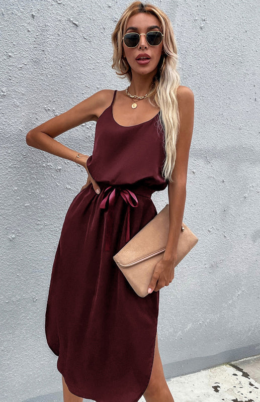 Amsoin Solid Color Hip Slit Dress