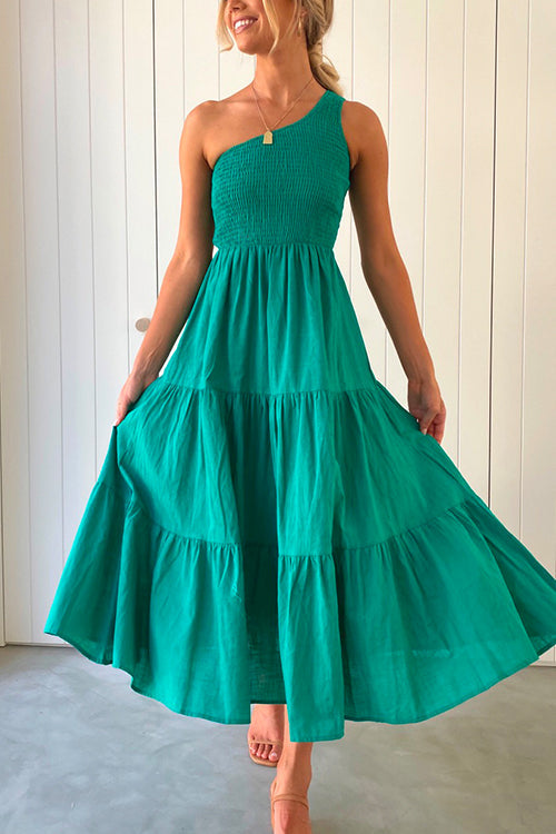Amsoin One Shoulder Sleeveless Smocked Ruffle Tiered Maxi Dress
