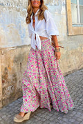 Amsoin Frilled Elastic Waist Bohemia Floral Maxi Flowy Skirt