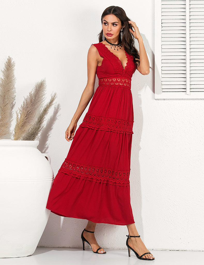 Amsoin Lace Swing Sleeveless Chiffon Dress