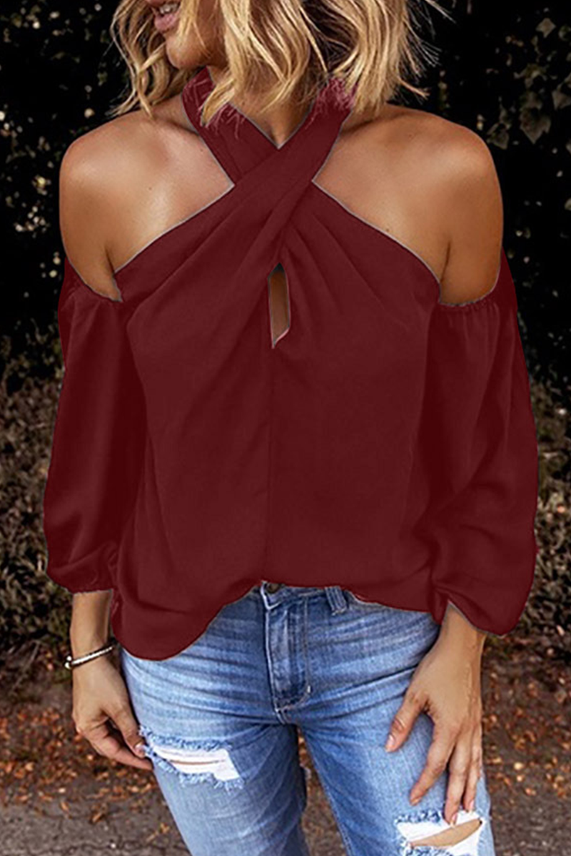 Amsoin Solid Hollowed Out Halter Tops