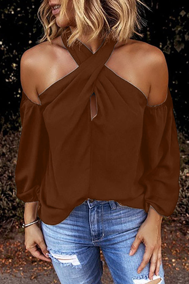 Amsoin Solid Hollowed Out Halter Tops