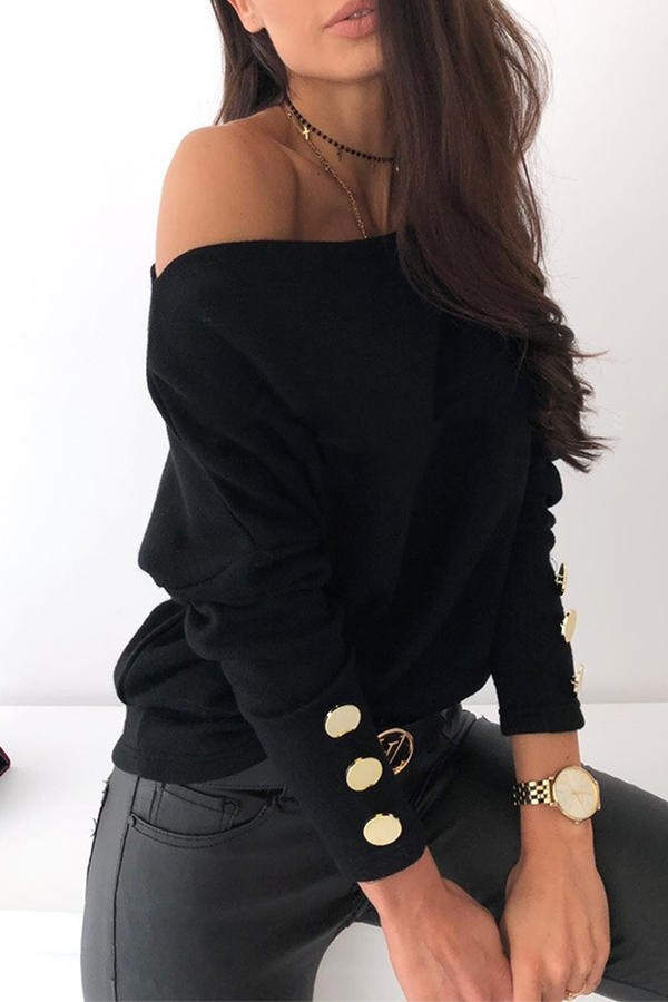 Amsoin Split Joint Buckle Oblique Collar Tops