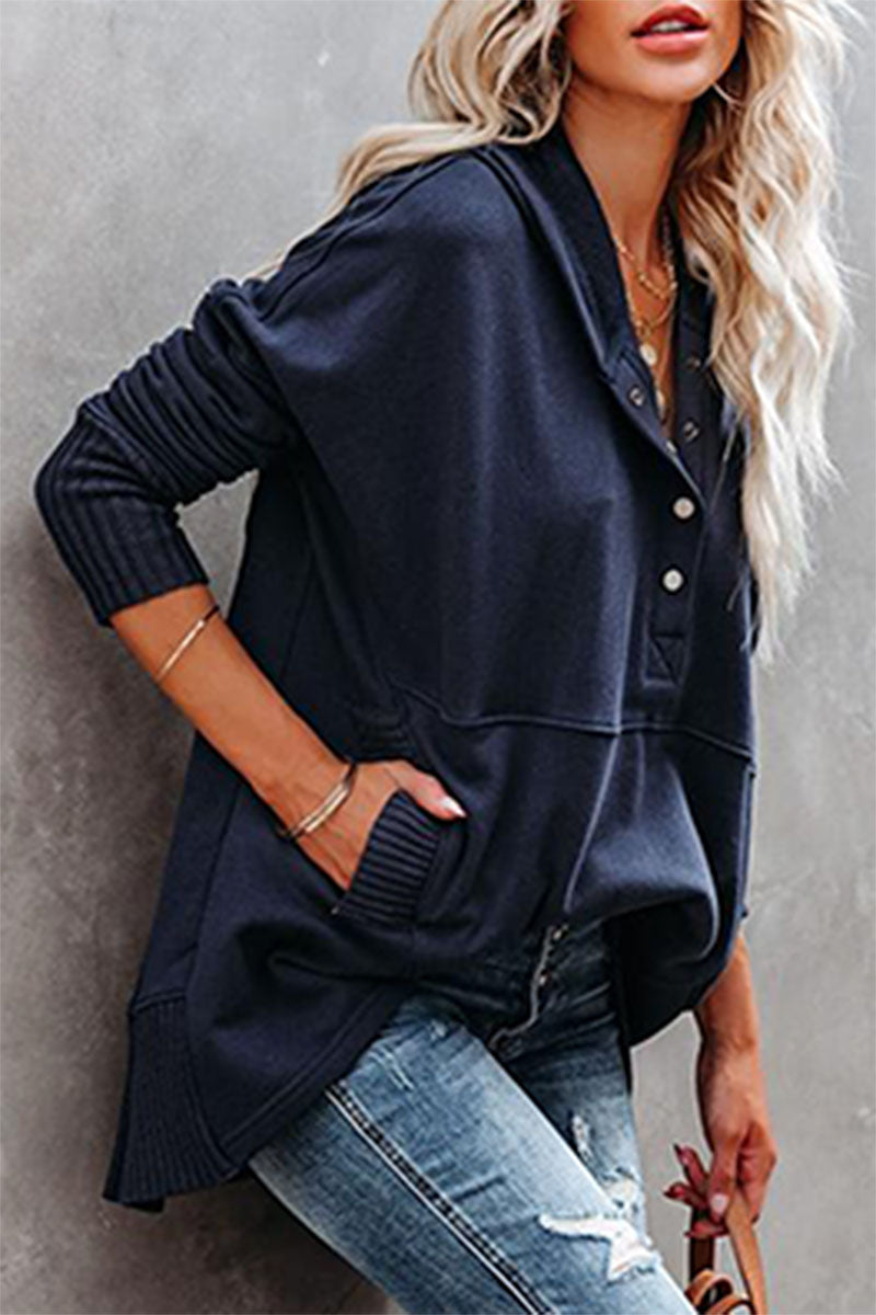 Amsoin Casual Stylish Solid Pocket Buckle Hooded Collar Tops(9 Colors)