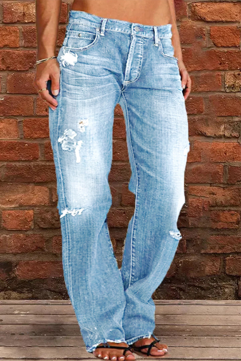 Amsoin Casual Street Patchwork Ripped Straight Denim Jeans(3 Colors)
