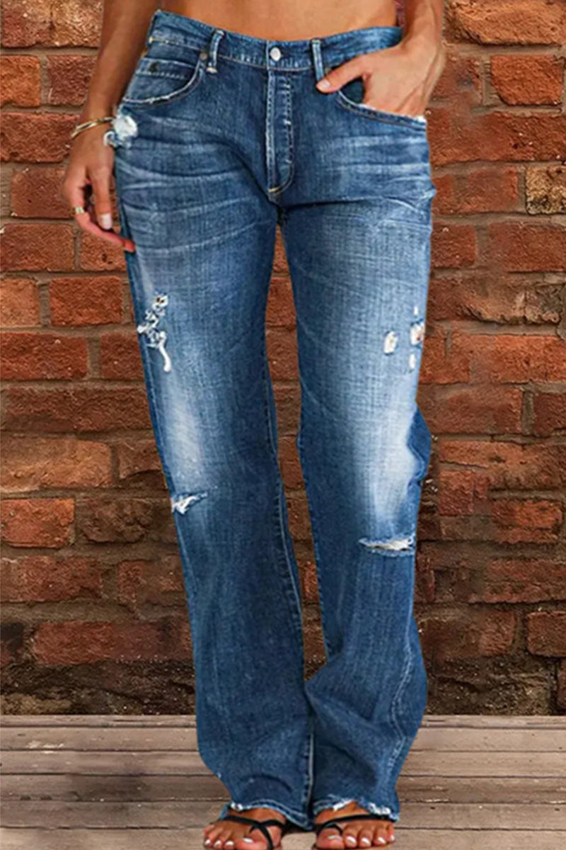 Amsoin Casual Street Patchwork Ripped Straight Denim Jeans(3 Colors)