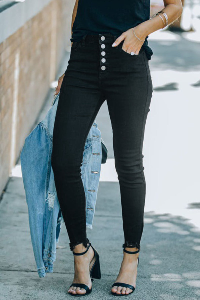 Amsoin Solid Buckle Skinny Denim Jeans