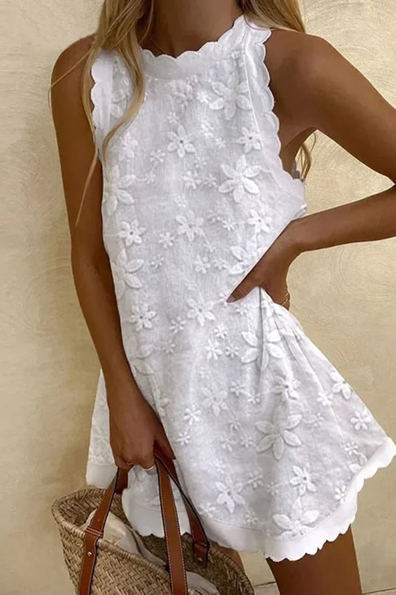 Amsoin Sweet Vacation Solid Embroidered Vest Dress