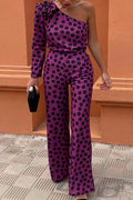 Casual Dot Print Backless Oblique Collar Regular Jumpsuits