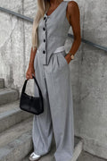 Casual British Style Solid Pocket Buckle V Neck Sleeveless Two Pieces
