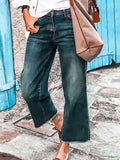 Amsoin Washed Raw Hem Mid Waist Wide Leg Jeans