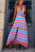 Amsoin Halter Deep V Neck Slit Tie Dye Maxi Cami Dress
