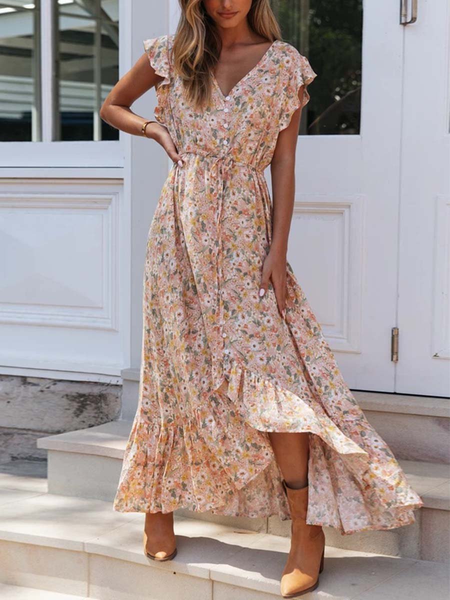 Amsoin V-neck Print Irregular Dress