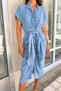 Amsoin Button Down Short Sleeve Tie Waist Ruched Denim Dress