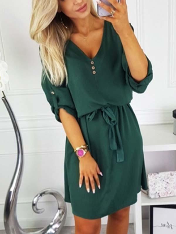 Amsoin V Neck Dress With Belt