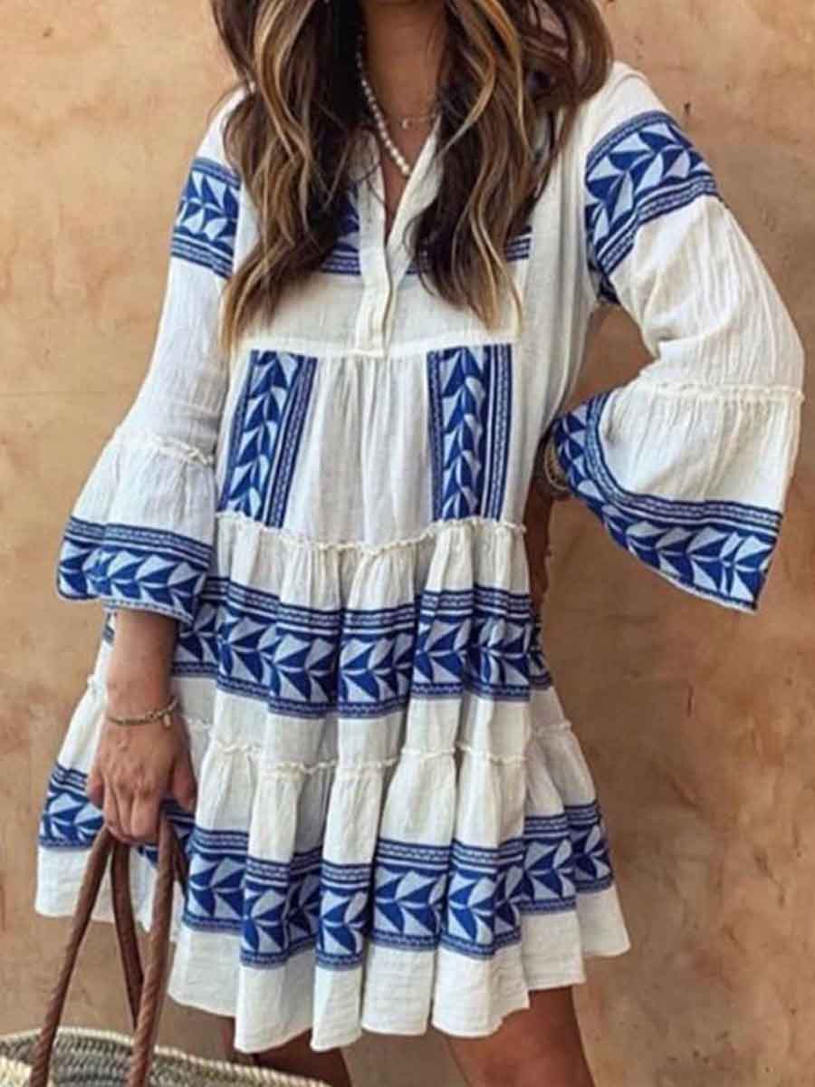 Amsoin Bohemian Print Patchwork V Neck Cake Skirt Dresses