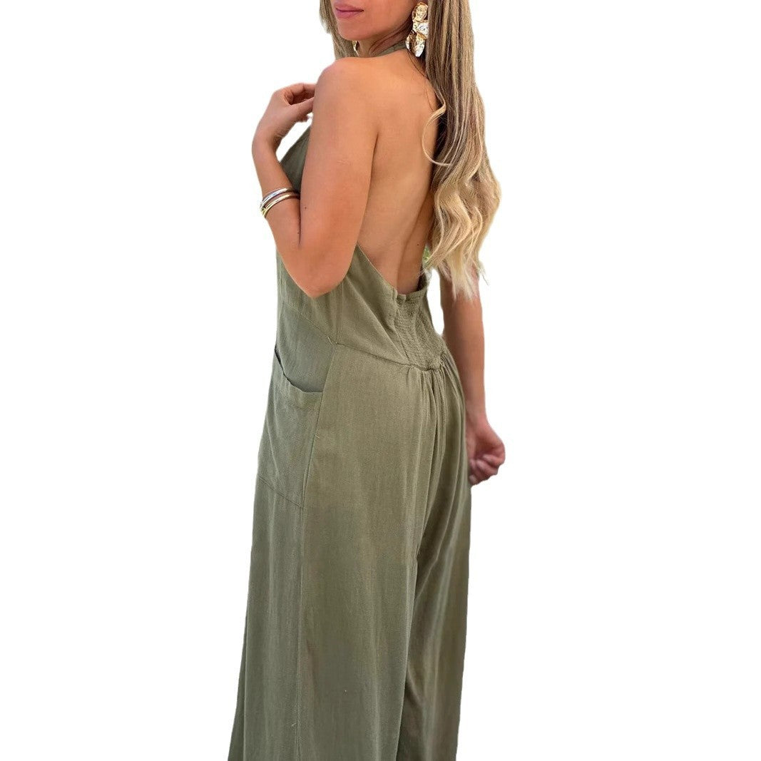 Backless Sleeveless Loose Cotton Linen Jumpsuit