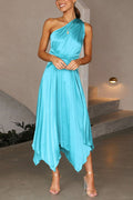 Amsoin One Shoulder Sleeveless Waisted Swing Dress
