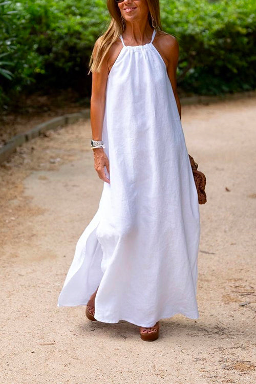 Amsoin Halter Sleeveless Cotton Linen Beach Dress