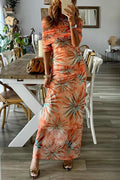 Amsoin Off Shoulder Long Sleeves Printed Bodycon Maxi Dress