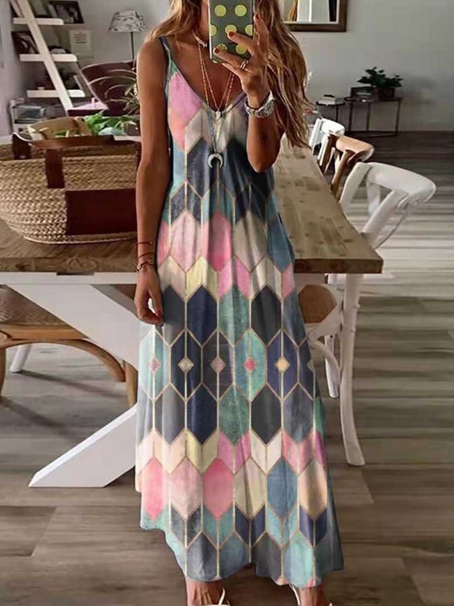 Amsoin Geometric Print Sling Dress