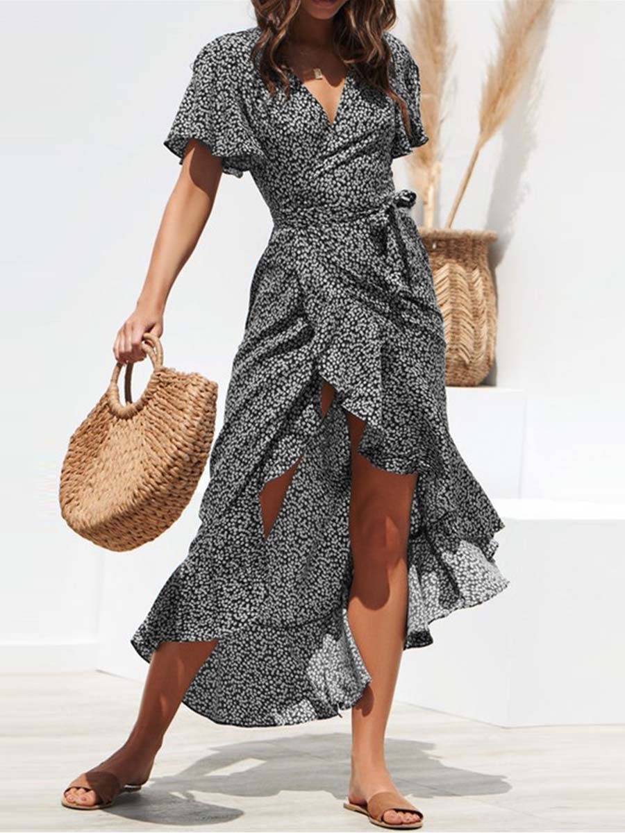 Amsoin Irregular Chiffon Print Dress