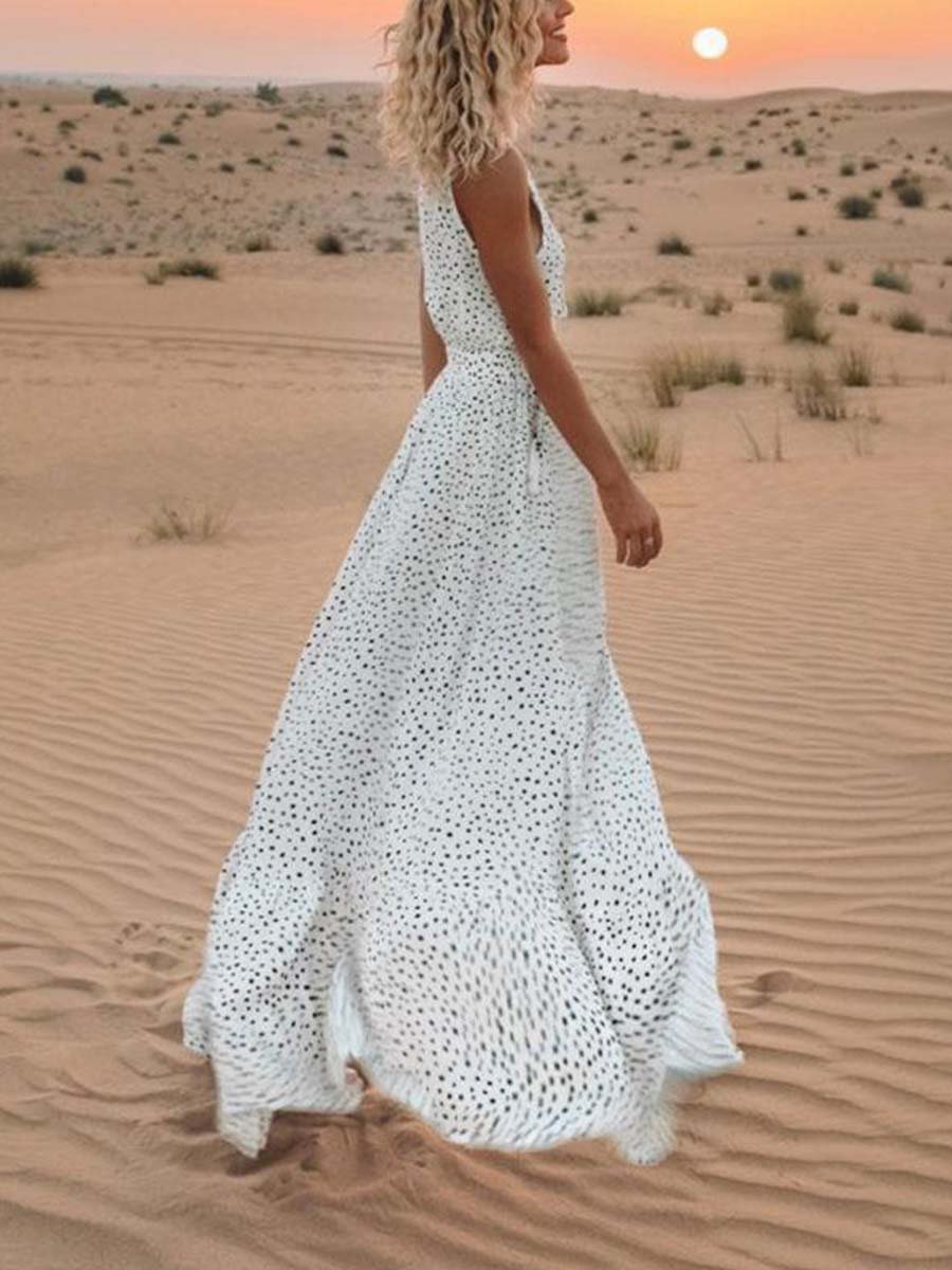 Amsoin Dot Printed Floor Length Dress
