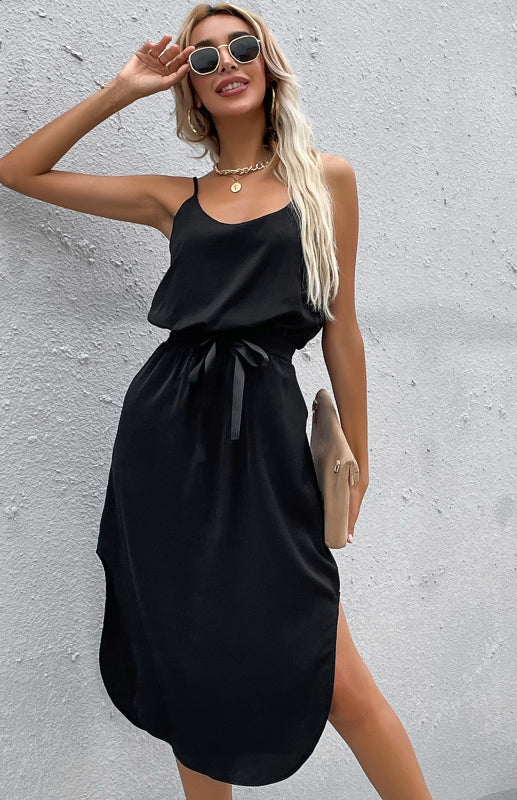 Amsoin Solid Color Hip Slit Dress