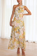 Amsoin Floral One Shoulder Elastic Waist Pleated Maxi Dress