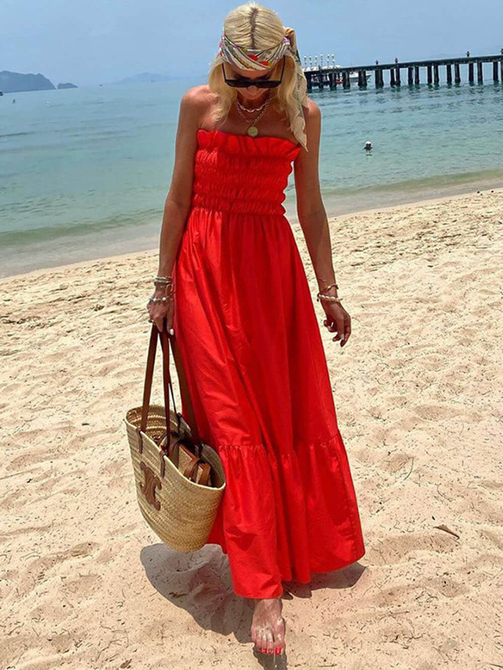 Amsoin Smocked Bust Off Shoulder Vacation Maxi Dress