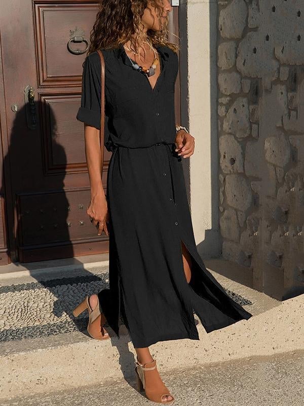Amsoin Long Sleeve Slit Dress (Free Belt)