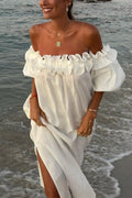 Amsoin Off Shoulder Ruffle Trim Slit Cotton Linen Maxi Vacation Dress