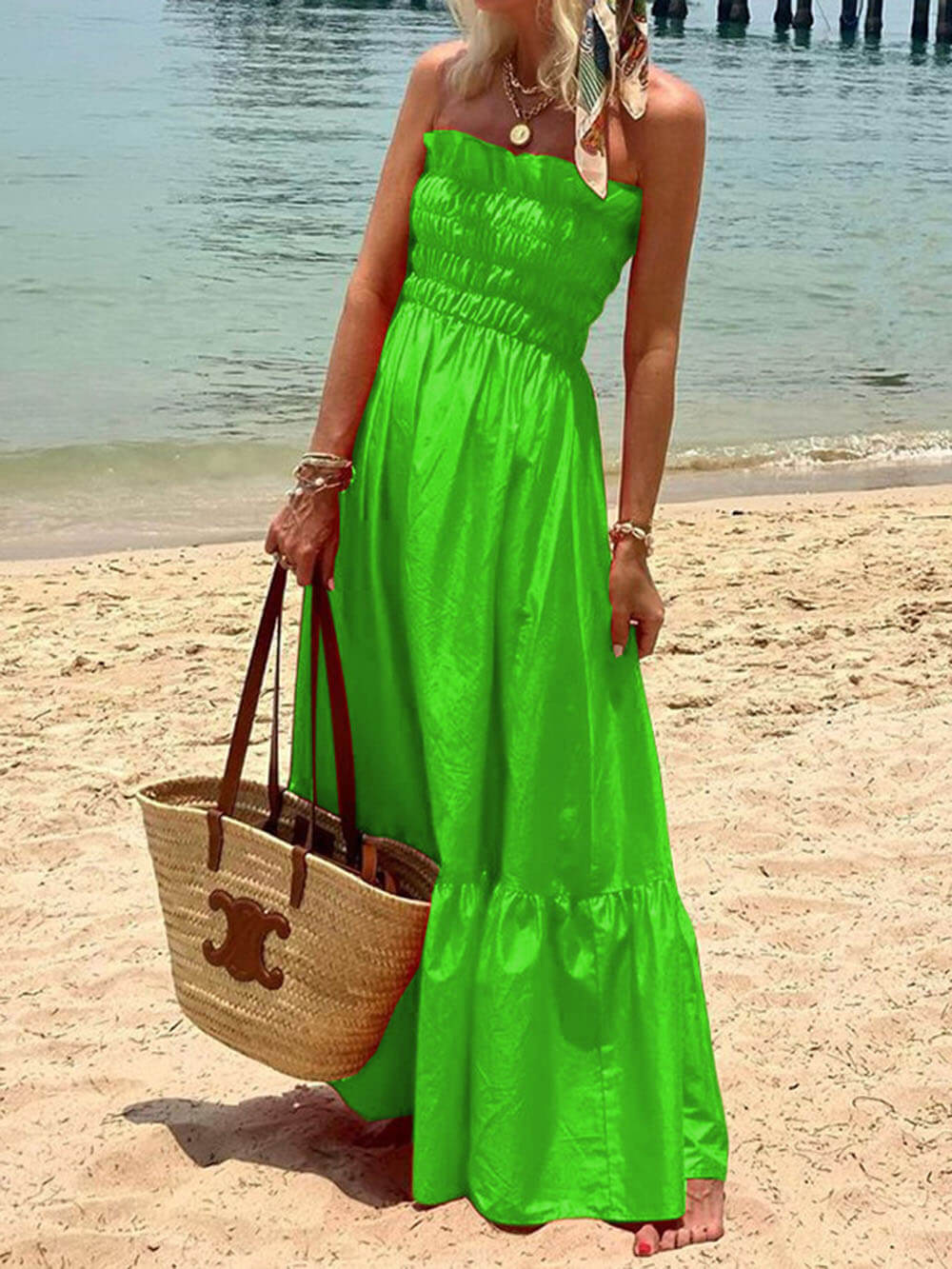 Amsoin Smocked Bust Off Shoulder Vacation Maxi Dress