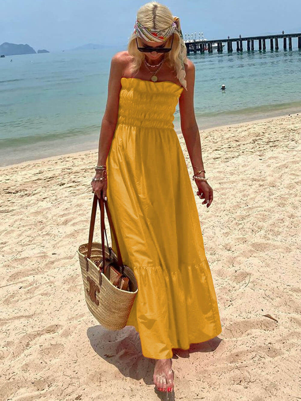 Amsoin Smocked Bust Off Shoulder Vacation Maxi Dress