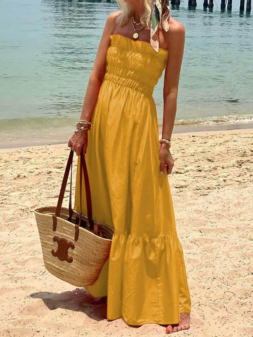 Amsoin Smocked Bust Off Shoulder Vacation Maxi Dress