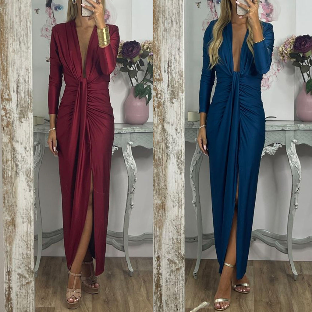 Amsoin Deep V Neck Ruched Slit Maxi Bodycon Dress