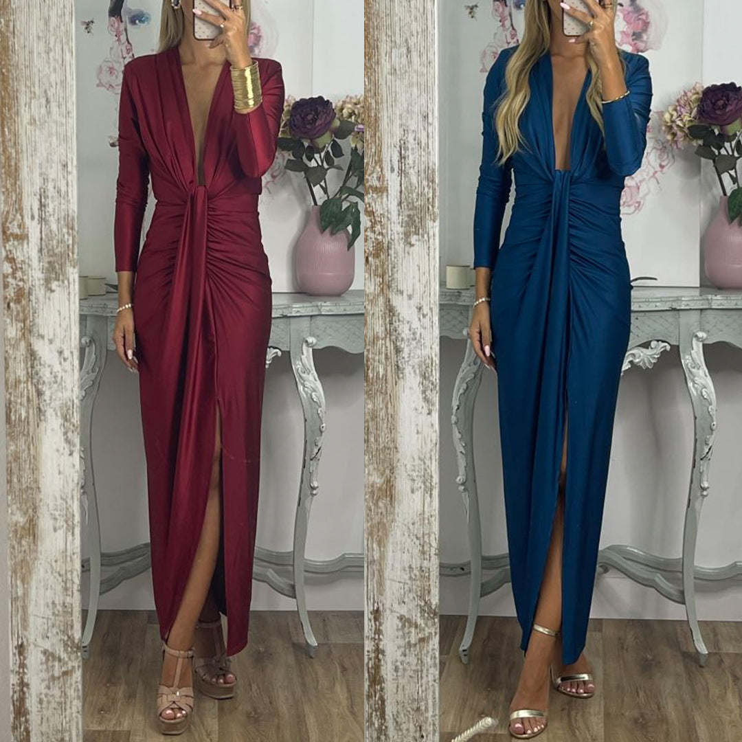Amsoin Deep V Neck Ruched Slit Maxi Bodycon Dress