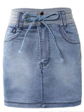 Amsoin Contrast Binding Ripped Drawstring Denim Skorts