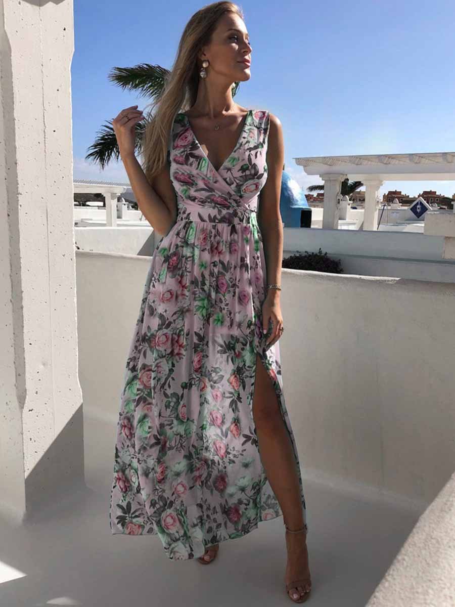 Amsoin Printed Chiffon Sleeveless Slit Dress