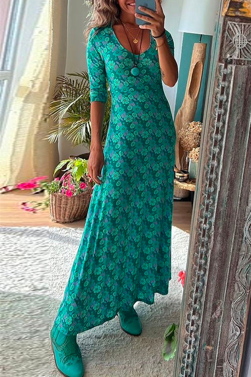 Amsoin Scoop Neck 3/4 Sleeve Maxi Floral Dress