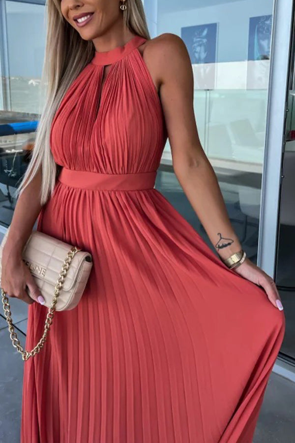 Amsoin Halter Neck Pleated Swing Dress