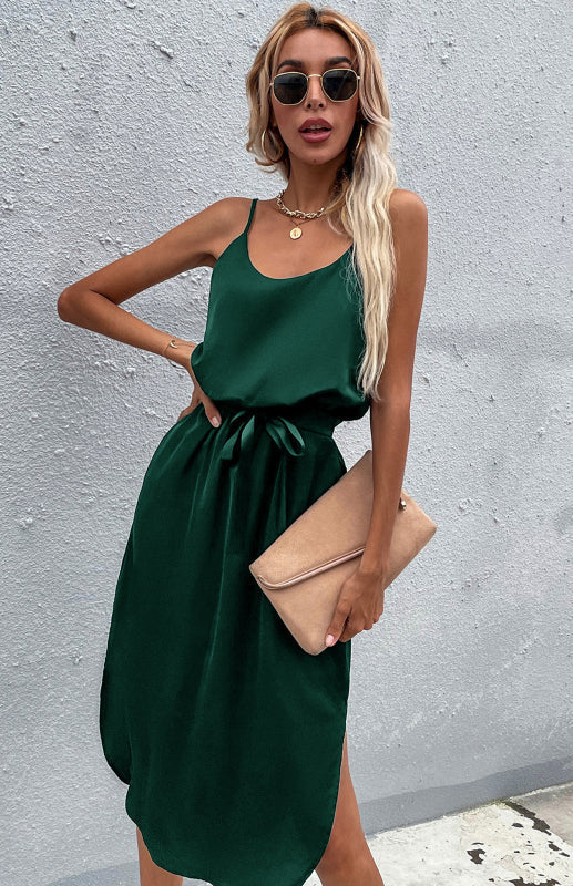 Amsoin Solid Color Hip Slit Dress