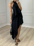 Amsoin Halter Backless Tied Detail Asymmetrical Dress